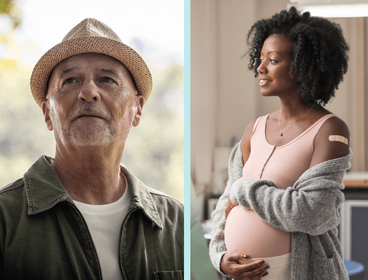 collage: older man and pregnant woman An older adult male and a pregnant woman